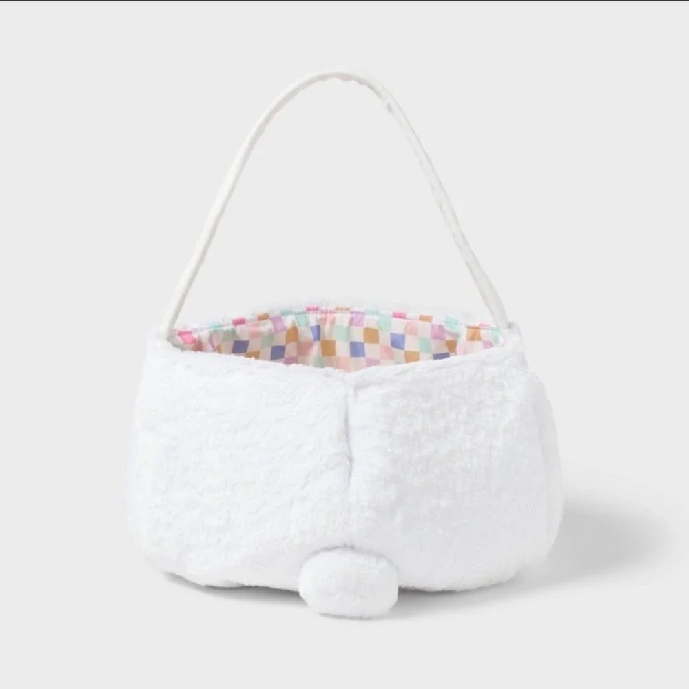 Spritz Jumbo‎ Plush Bunny Easter Basket White Faux Fur Pastel Checkered Lining